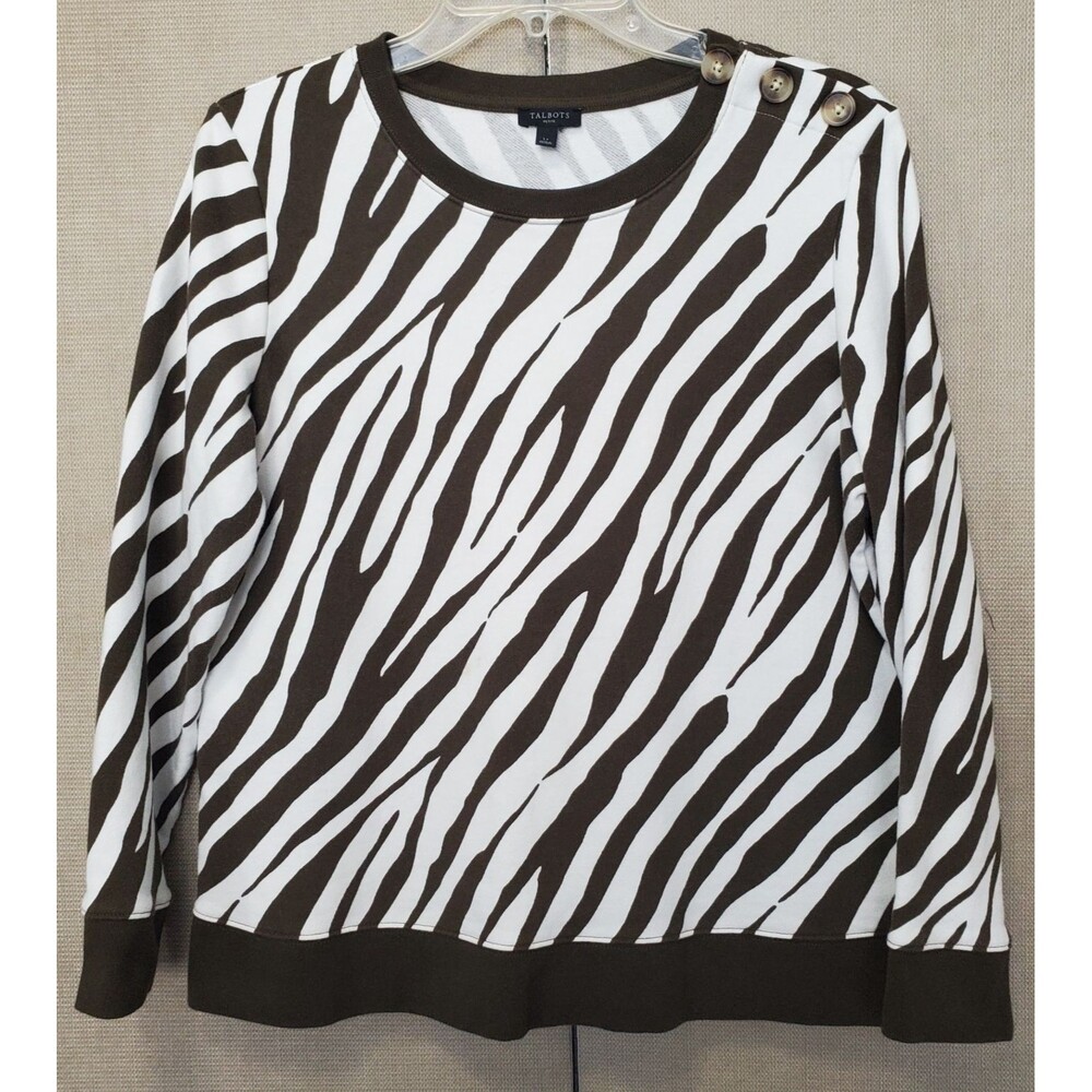 Talbots Petite 100% Cotton Zebra Print Button-Detail Sweatshirt Size LP